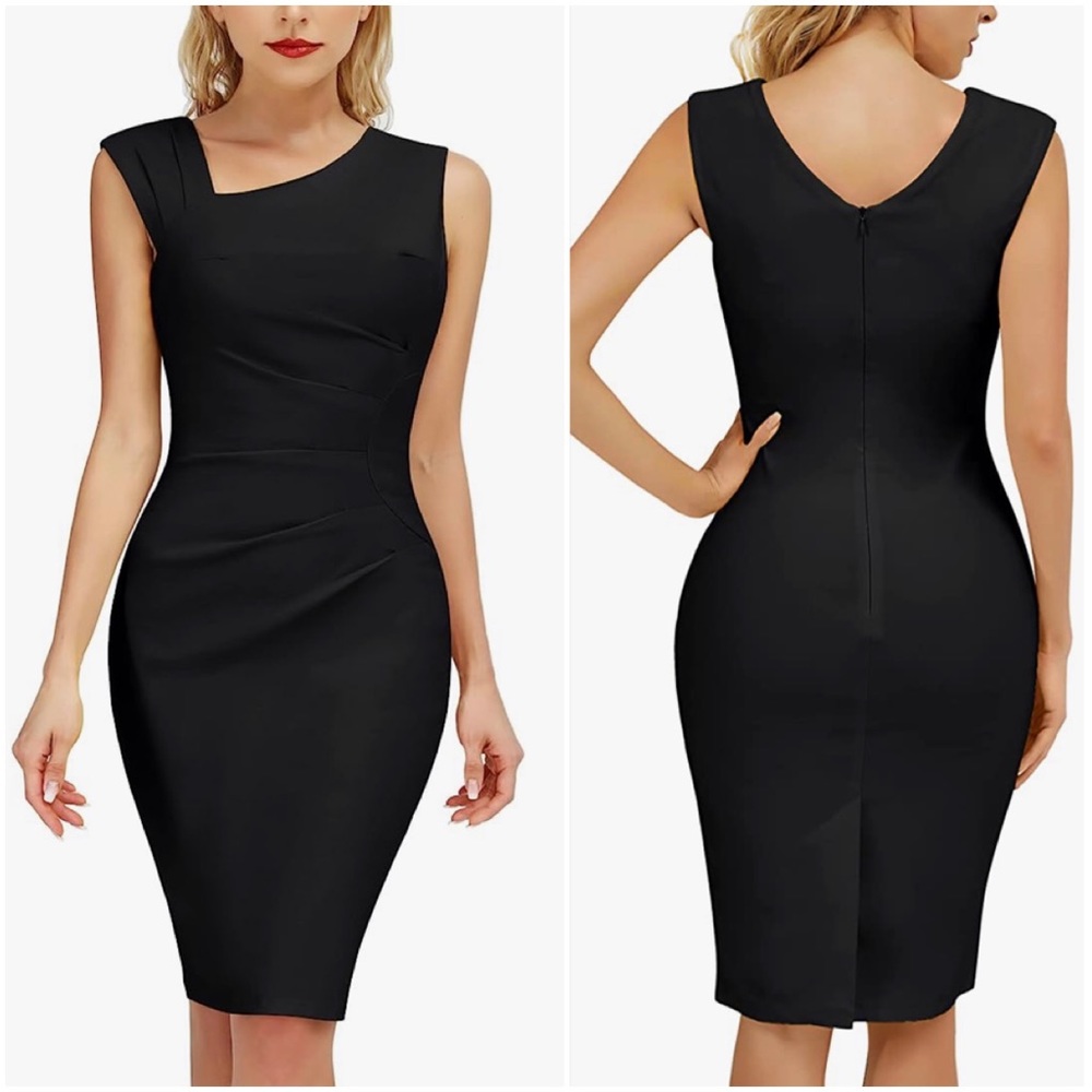 Black Slim Fit Pencil Dress Asymmetrical Neckline 1950’s Style Sz. M